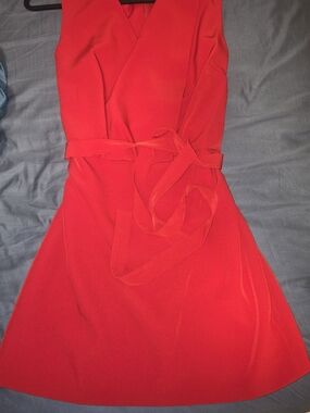 Halston Heritage Red Sleeveless V-Neck Tie-Waist Mini Dress